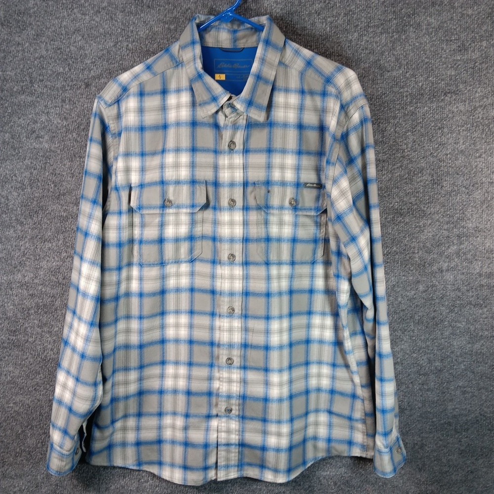 Eddie Bauer Mens Classic Plaid Button Up Shirt Blue Grey Outdoor Utility Size L